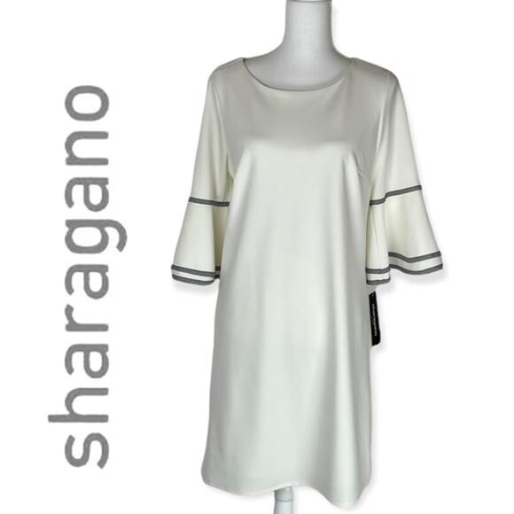 Sharagano White with Black Striped Ribbon Detail Feminine Dress NWT Size 6 - Picture 2 of 13